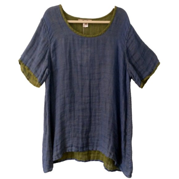 FLAX Long Tunic Top Linen 1/2 Sleeve Blue Green Trim Relaxed - 1G (20/22)  NWT - Picture 1 of 9